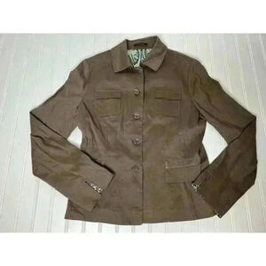 Elie Tahari Jacket Large L Brown Linen Blend Button Women Blazer Career Suit 474